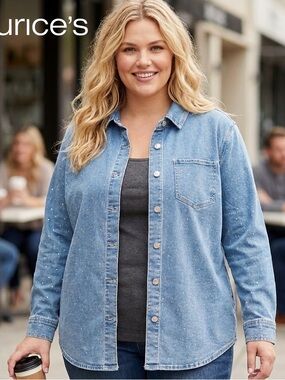 Maurices Light Blue Denim Shirt with Rhinestone Dots